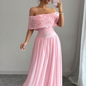 Off-Shoulder Rose Embellished Maxi Dress | New Floral Fit & Flare Dress
